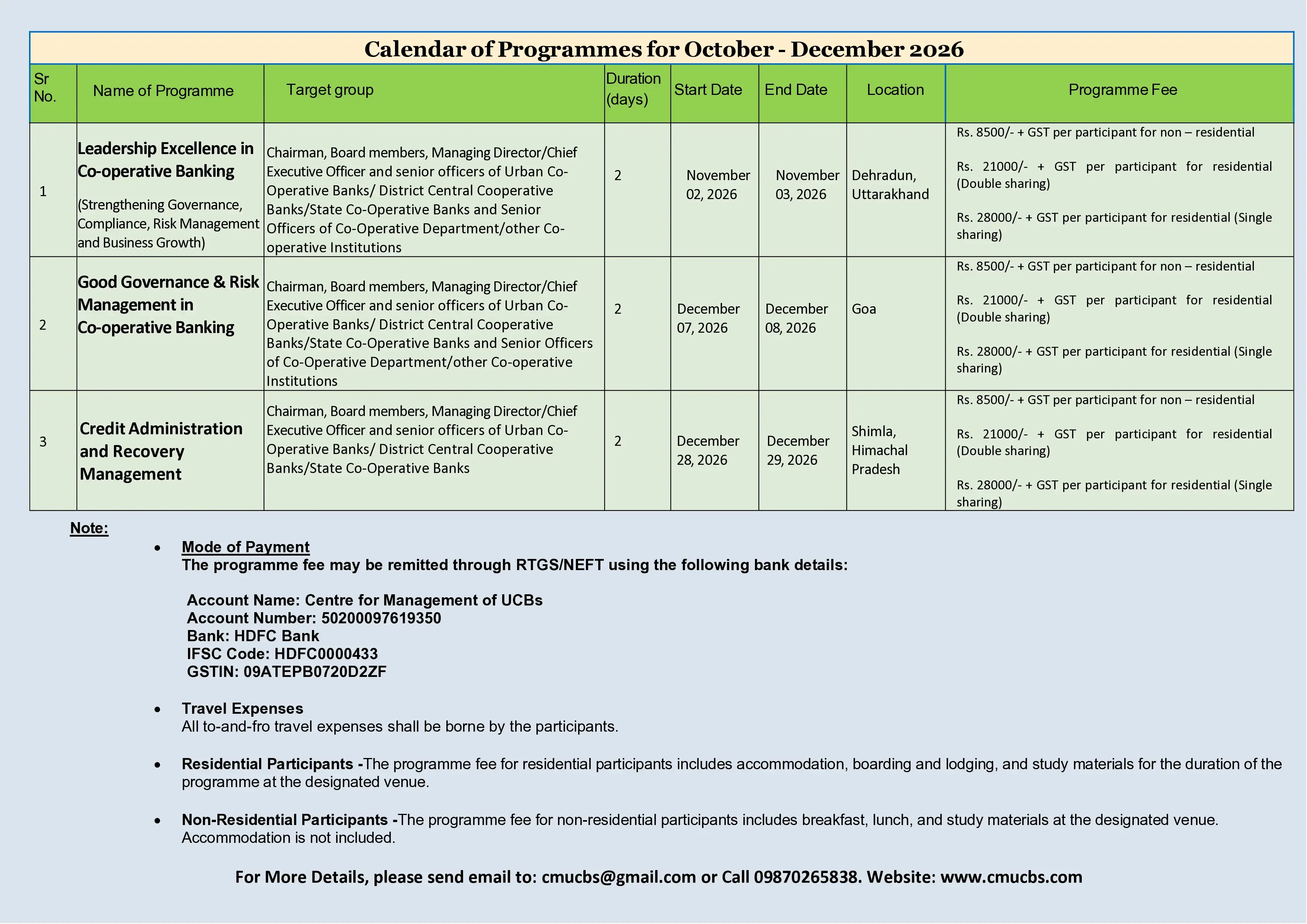 Calendar of programmes for October to December 2026