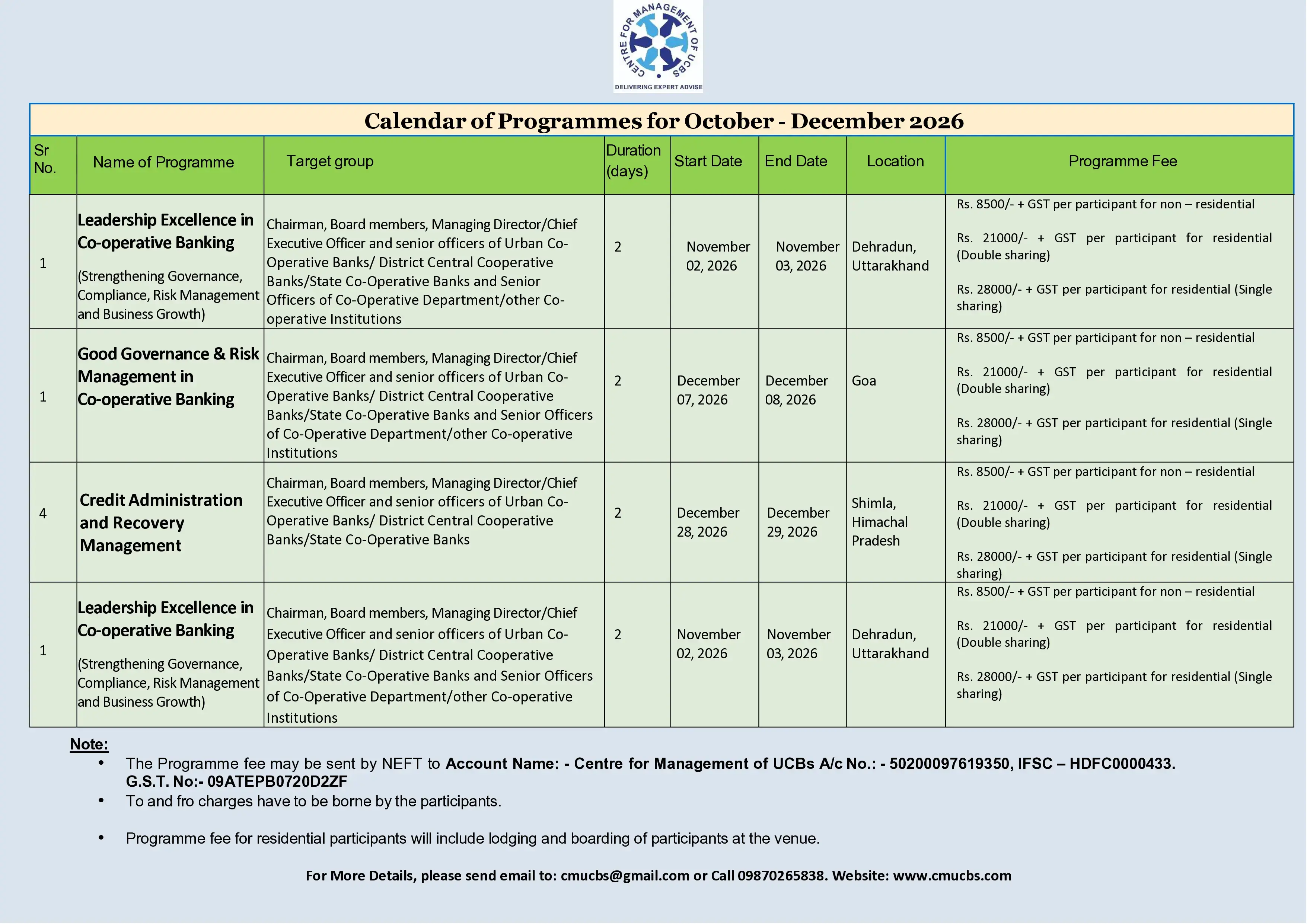 Calendar of programmes for October to December 2026